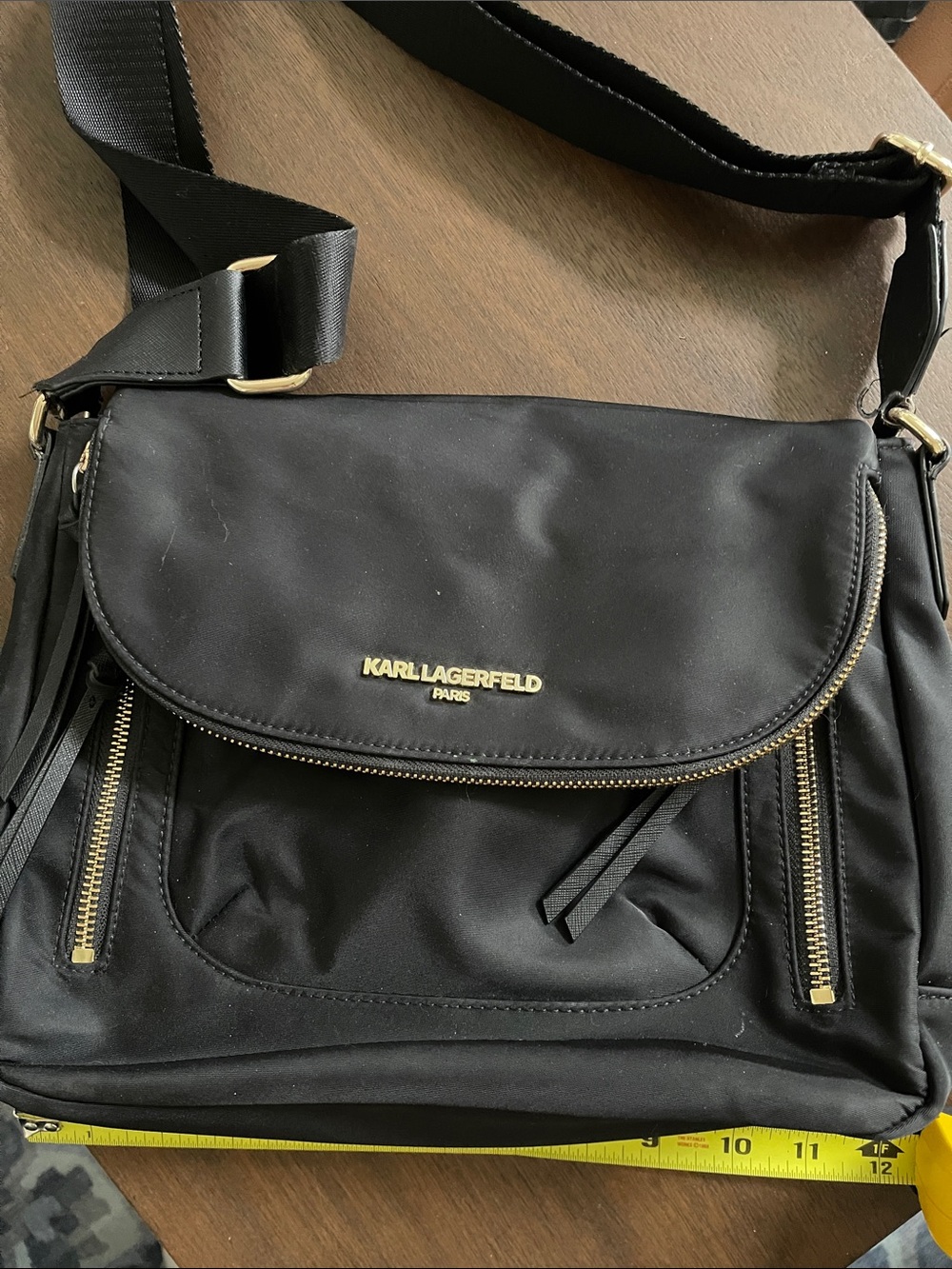 Karl Lagerfeld Black Nylon Messenger Bag with Gold Hardware